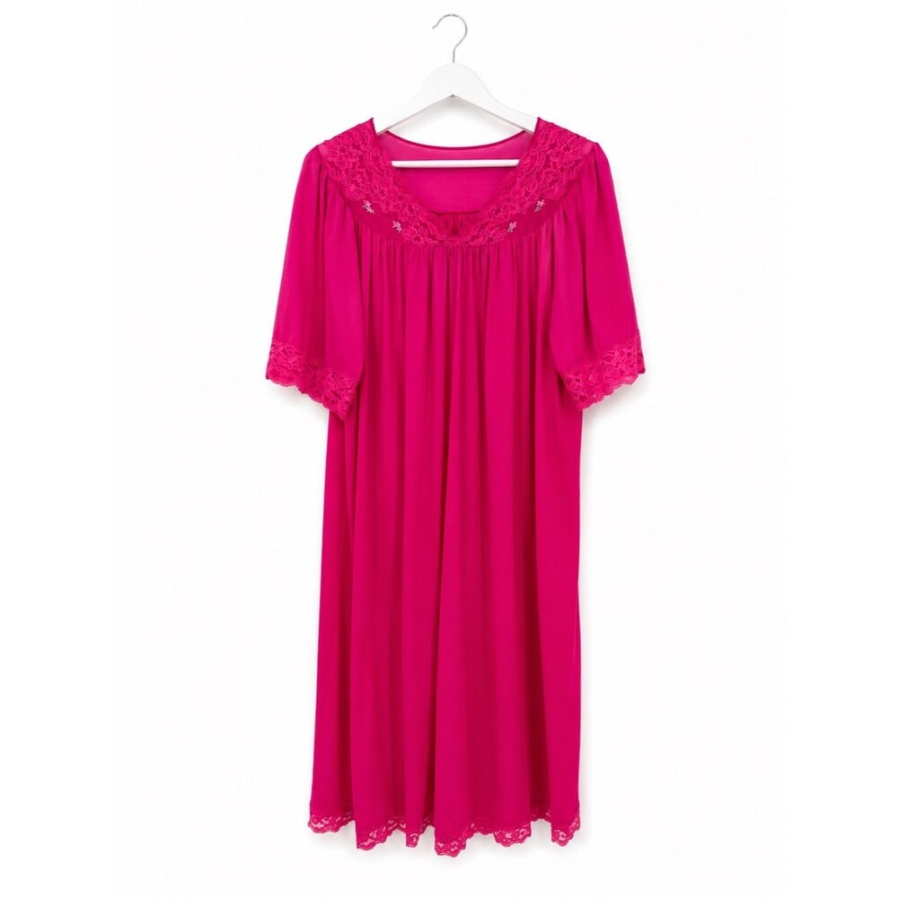 Shadowline Vintage Hot Pink Lace Trim Nightgown Dress Size Large Embroidered